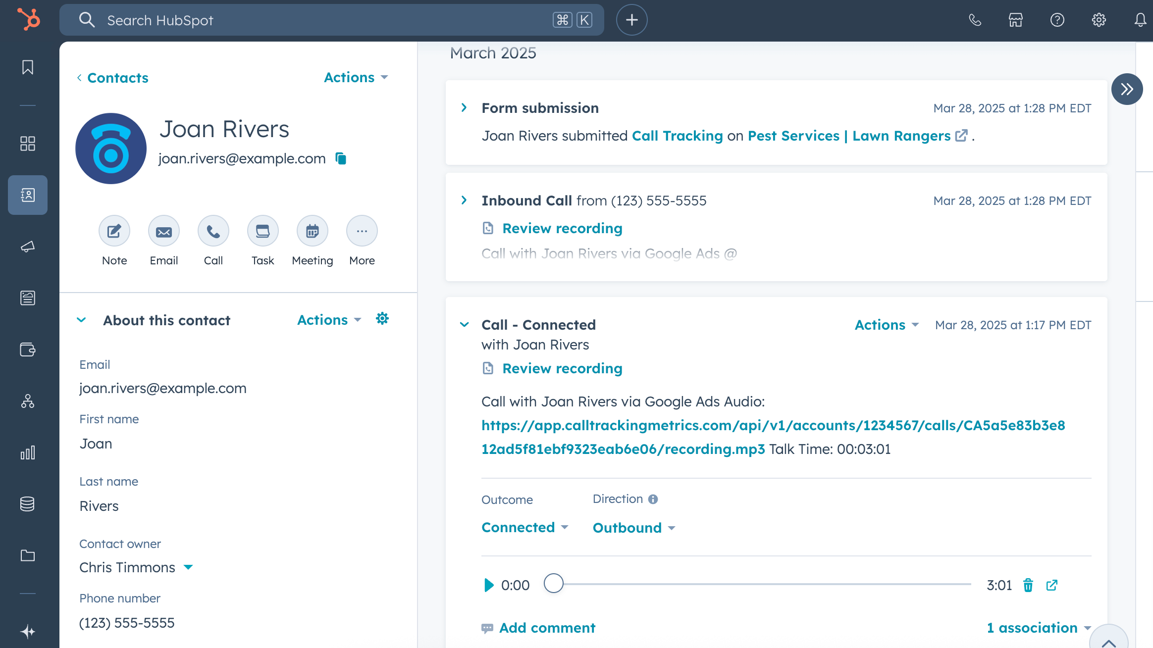 Sync call analytics, recordings, and attribution to contacts.