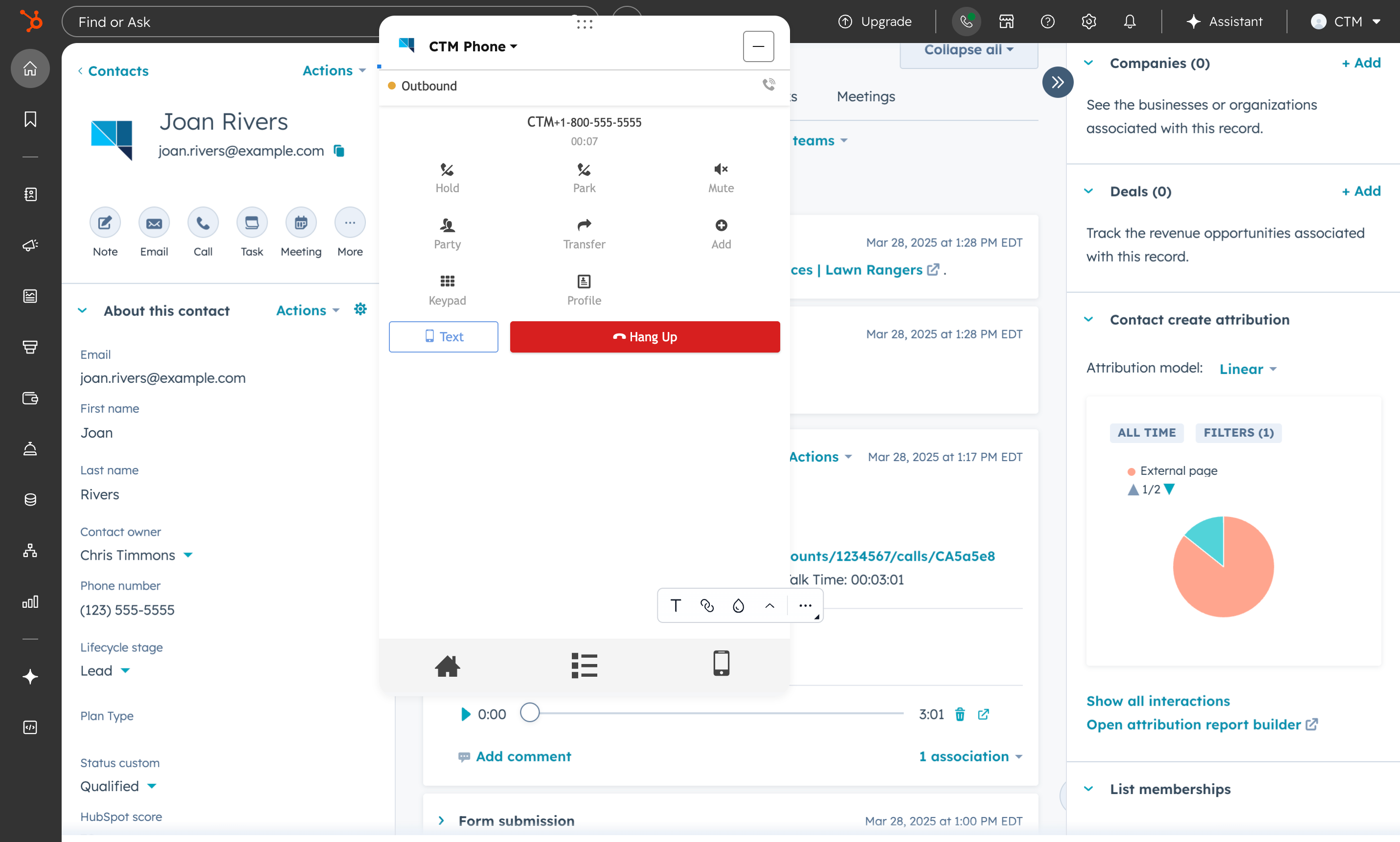 The embedded CTM Phone gives you access to a complete phone system in HubSpot