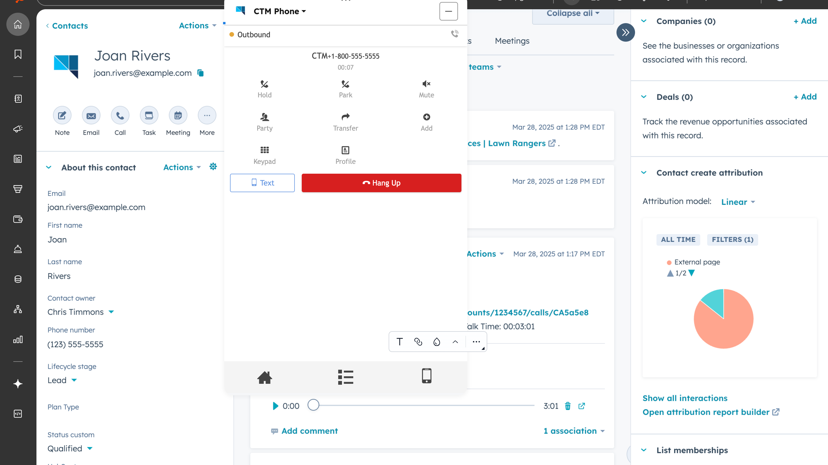The embedded CTM Phone in a HubSpot contact record